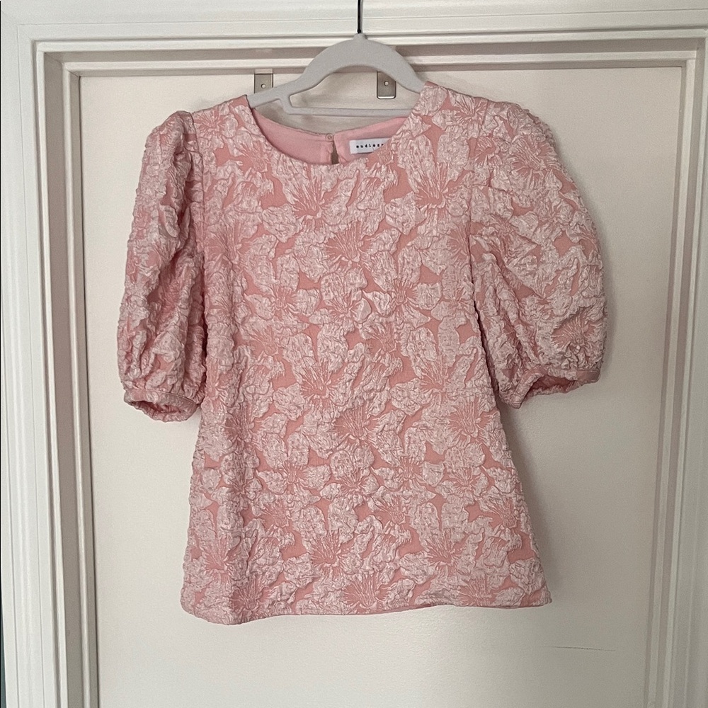 Endless Rose Pink Floral Jacquard Puff Sleeve Top